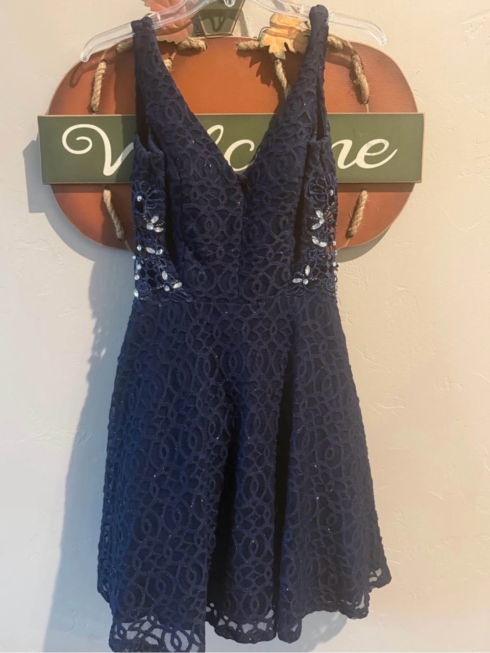 HOMECOMING DRESS!!! Navy Blue Lace V-Neck A-Line Homecoming Dress